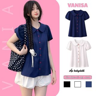 Áo babydoll kiểu cổ bèo sen tay phồng dáng sơ mi form rộng siêu xinh đen xanh VANISA SM933