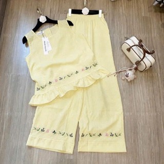 Set bộ sát nách trắng Loại 1 thiết kế áo ba lỗ thêu viền mix quần suông siêu xinh, Set đồ nữ đi biển vintage trẻ trung r