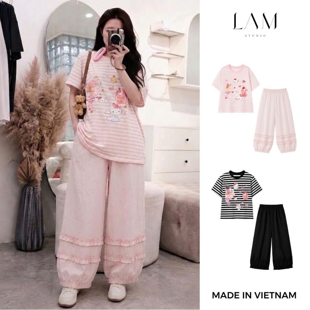 Set Bộ Quần Bèo Chân, Áo Kẻ Ngang In Hình, Chất Cotton, Giấy Quần Thô Kaki Mềm Hàng Chẩn QC