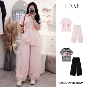 Set Bộ Quần Bèo Chân, Áo Kẻ Ngang In Hình, Chất Cotton, Giấy Quần Thô Kaki Mềm Hàng Chẩn QC
