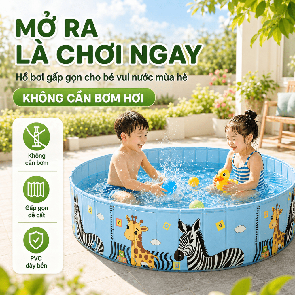 Bể bơi Gấp Gọn Cho Bé, Hồ Bơi Không Cần Bơm Gia Đình, 3 Lớp PVC Dày, Hồ Bơi Trẻ Em Ngoài Trời