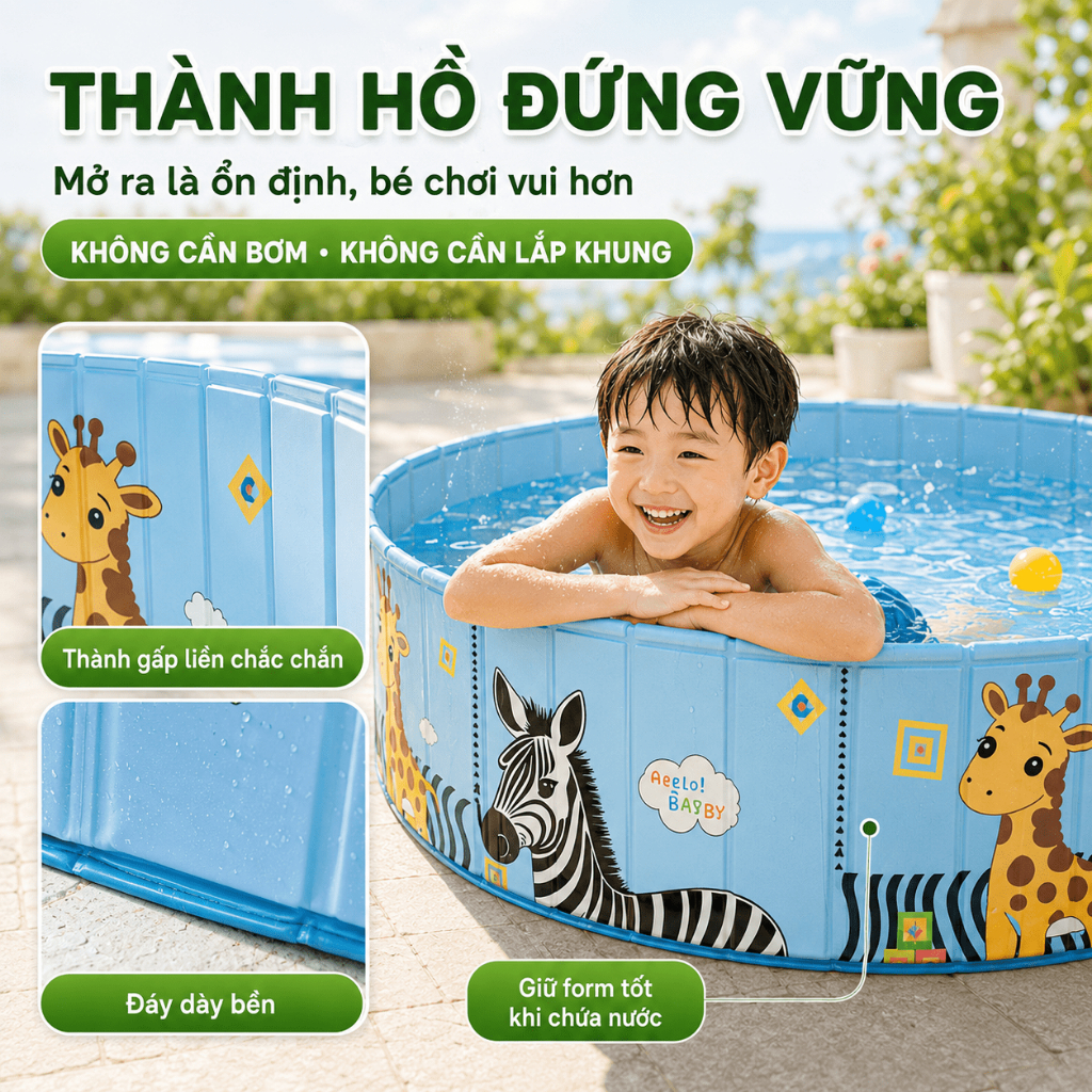 Bể bơi Gấp Gọn Cho Bé, Hồ Bơi Không Cần Bơm Gia Đình, 3 Lớp PVC Dày, Hồ Bơi Trẻ Em Ngoài Trời