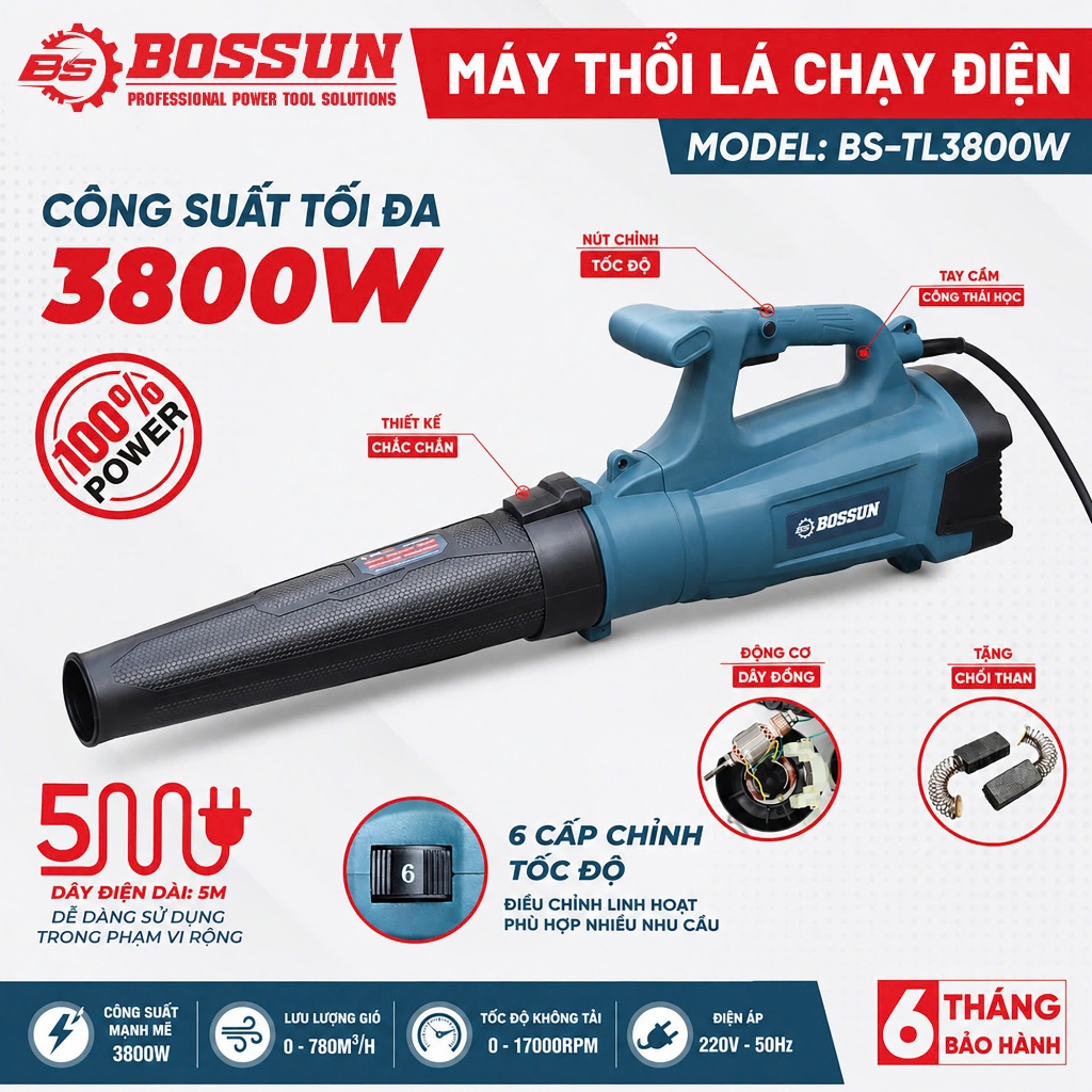 [Tặng Kèm Chổi Than] Máy Thổi Lá Điện Bossun BS-TL3800W Công Suất 3800W 6 Cấp Tốc Độ, BH 6 Tháng