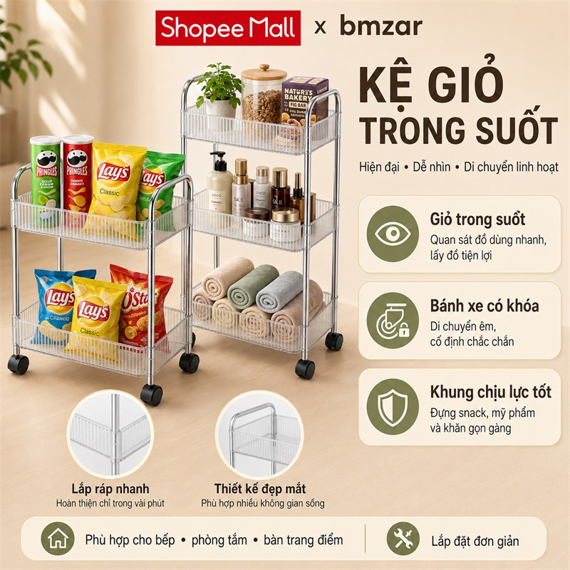 BMZAR Kệ Nhựa Trong Suốt cao cấp Acrylic Trong Suốt Mỹ Phẩm Xe Đẩy Spa 3 Tầng Ăn Nhẹ Kệ Bảo Quản Phòng Tắm Di Động