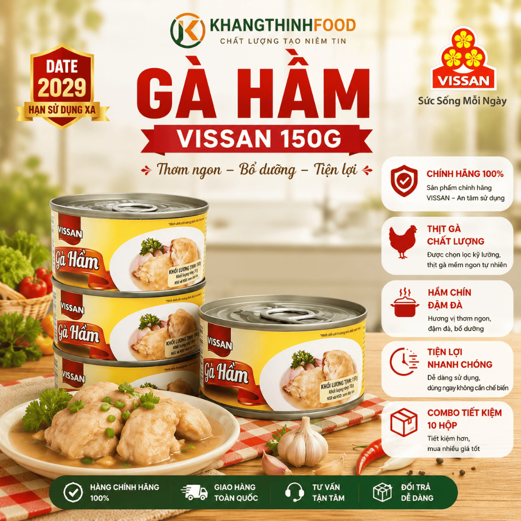 [Combo 10 Hộp] Gà Hầm Vissan 150g – Chính Hãng Date 2029, HSD 36 Tháng, Ăn Liền Tiện Lợi