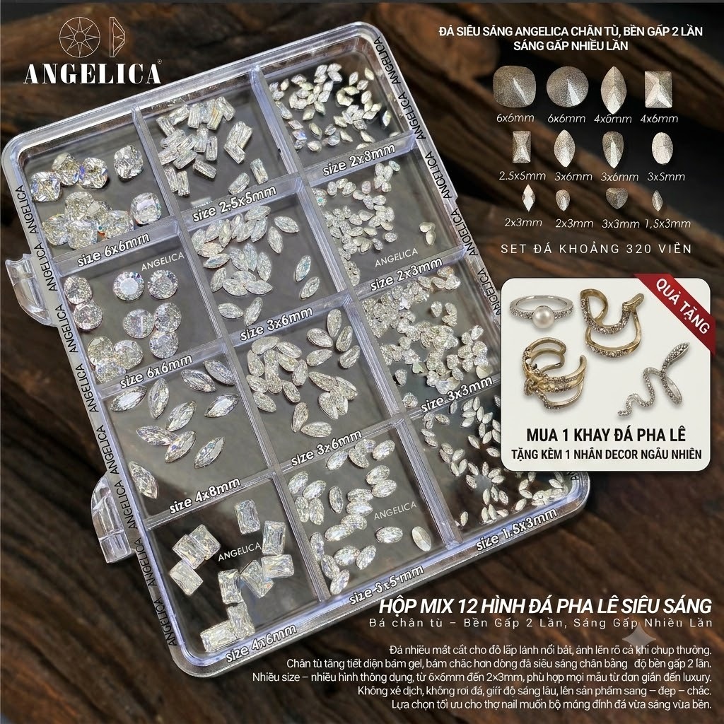 Hộp Mix 12 Hình Đá Pha Lê Siêu Sáng ANGELICA - Đá Chân Tù Bền Gấp 2 Lần Sáng Gấp Nhiều Lần