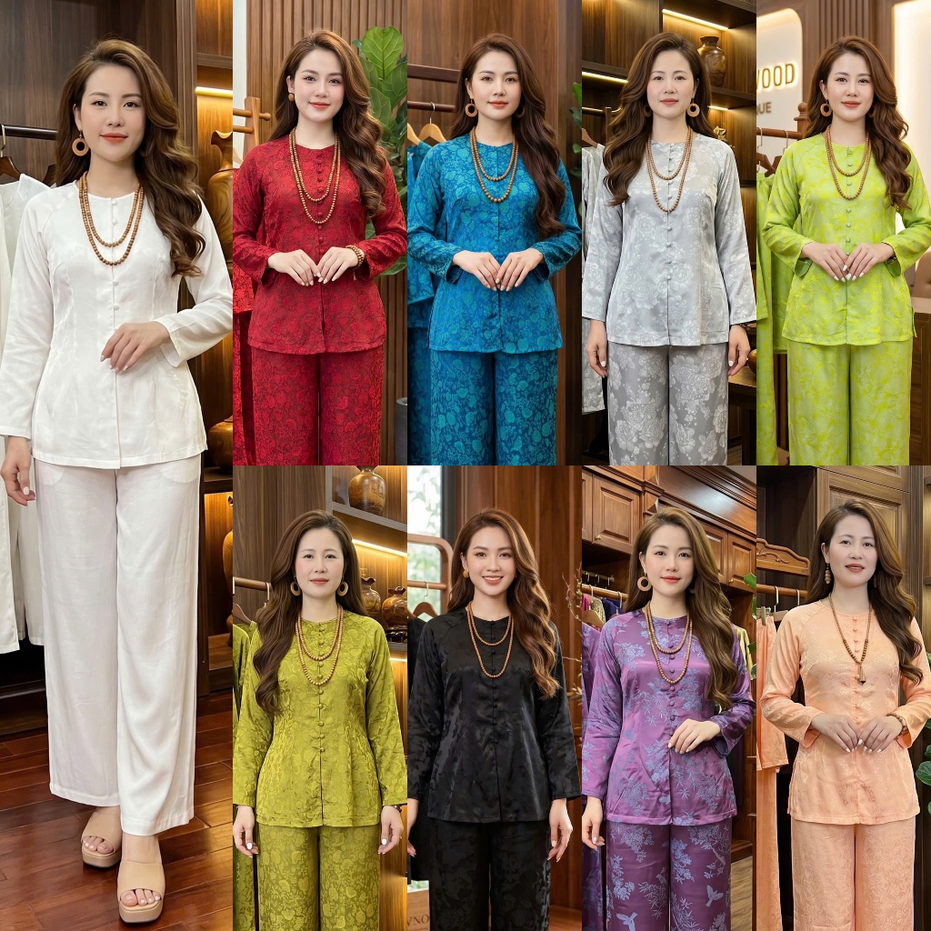 Đồ Bộ Bà Ba Nữ Trung Niên Vải Gấm 2 Da Cao Cấp Tay Dài Cổ Tròn Thanh Lịch Mã GA10