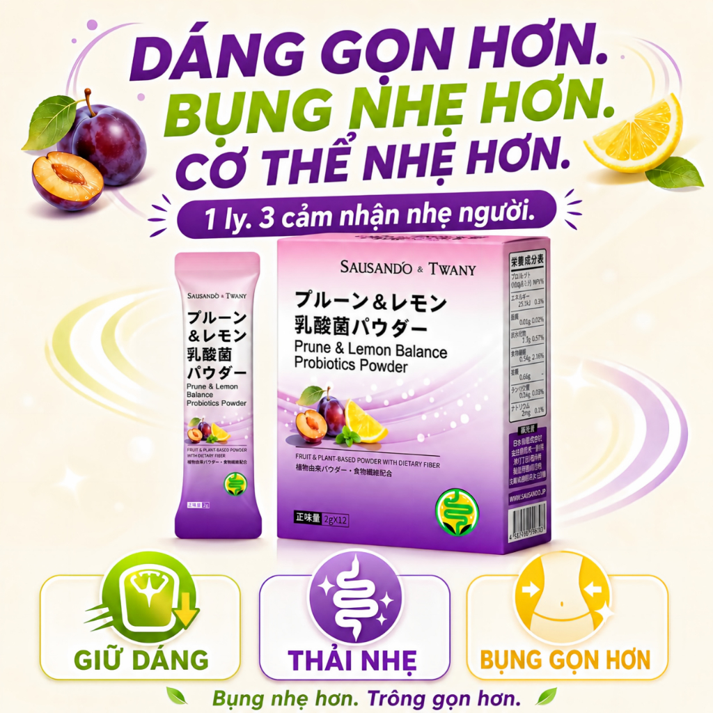 Bột Mận Chanh Sausando Twany chất xơ lợi khuẩn men vi sinh hỗ trợ táo bón, đại tiện đều, bụng nhẹ dễ chịu hơn mỗi ngày
