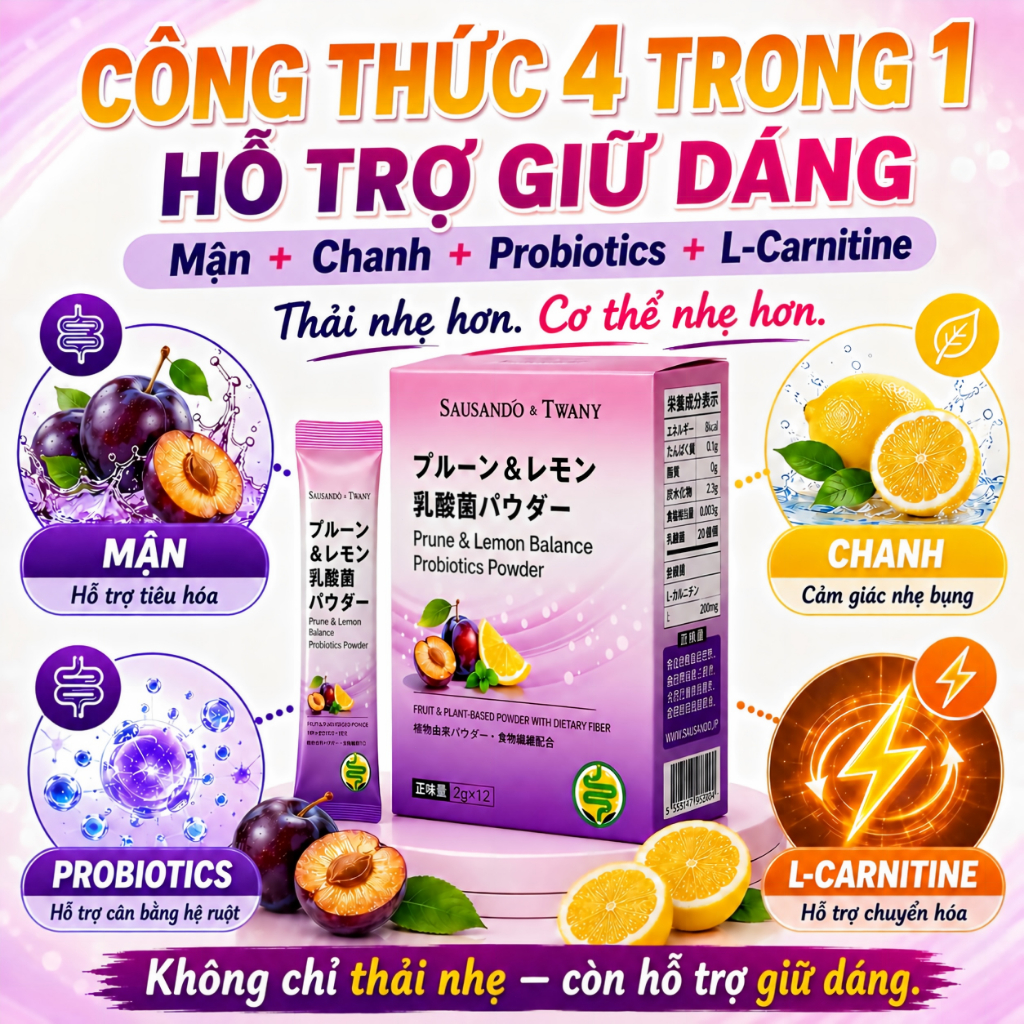 Bột Mận Chanh Sausando Twany chất xơ lợi khuẩn men vi sinh hỗ trợ táo bón, đại tiện đều, bụng nhẹ dễ chịu hơn mỗi ngày