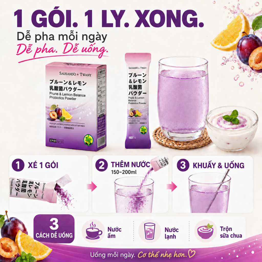 Bột Mận Chanh Sausando Twany chất xơ lợi khuẩn men vi sinh hỗ trợ táo bón, đại tiện đều, bụng nhẹ dễ chịu hơn mỗi ngày