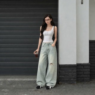 DELIZ - Quần jean nữ ống rộng cạp cao rách gối phong cách trẻ trung trendy DELIZ J418 (đã cắt sẵn khuy)