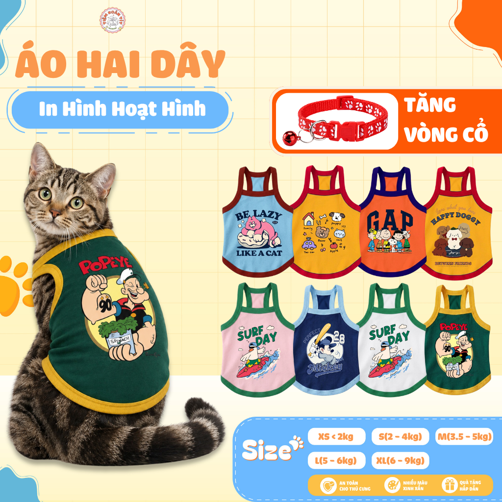 Áo 2 Dây Dành Cho Chó Mèo Mùa Hè từ 2-9kg In Hình Hoạt Hình Đủ Loại Chất Liệu Thoáng Mát Cáo Cấp