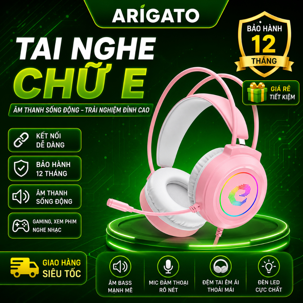 Tai Nghe Gaming 7.1 Chữ E Màu Hồng – Âm Thanh Sống Động, LED Cá Tính, Chuyên Game