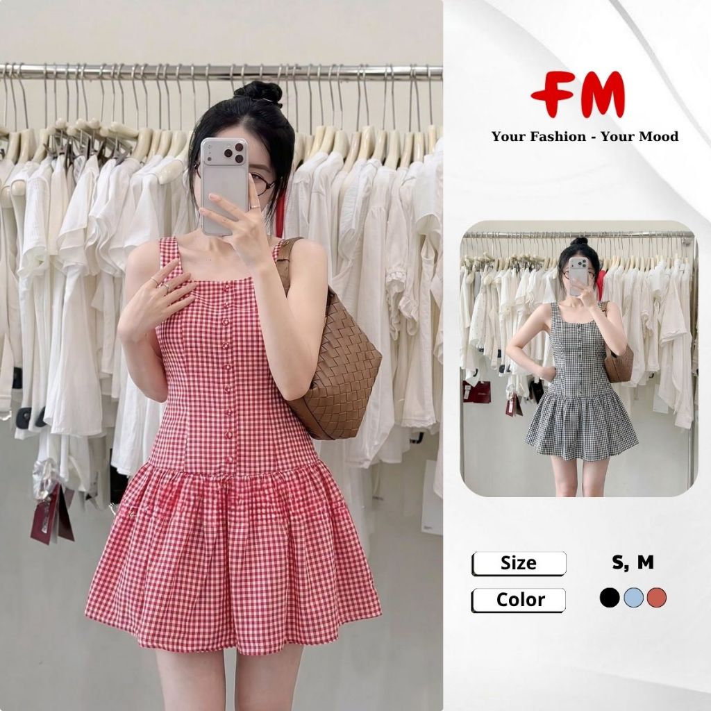 Váy Đầm Nữ Caro FMSTYLE Dáng Chữ A Xòe Nút Bọc Thanh Lịch 26040501