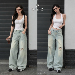 DELIZ - Quần jean nữ ống rộng cạp cao rách gối phong cách trẻ trung trendy DELIZ J418 (đã cắt sẵn khuy)