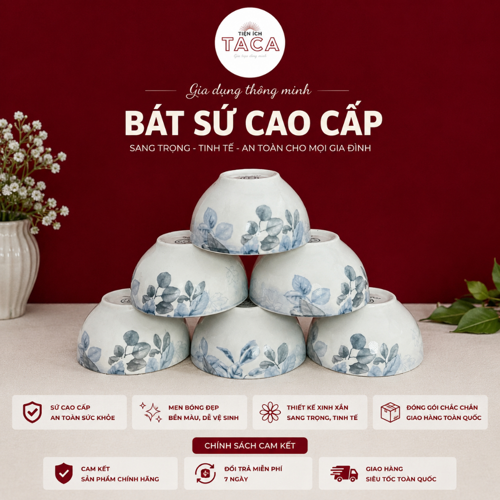 (Sứ Cao Cấp) Bộ bát hoạ tiết Hoa Diệp Hồng Gốm Sứ Cao Cấp 30 chi tiết