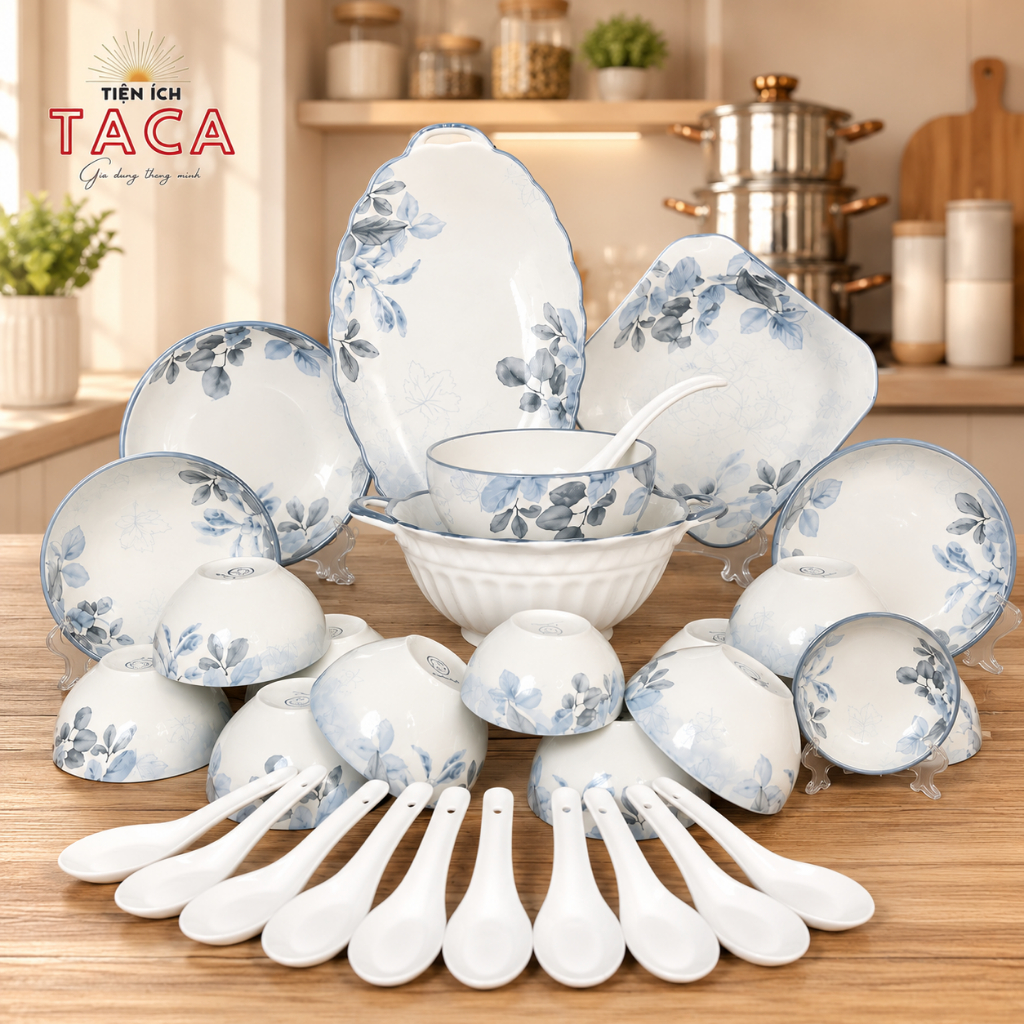 (Sứ Cao Cấp) Bộ bát hoạ tiết Hoa Diệp Hồng Gốm Sứ Cao Cấp 30 chi tiết