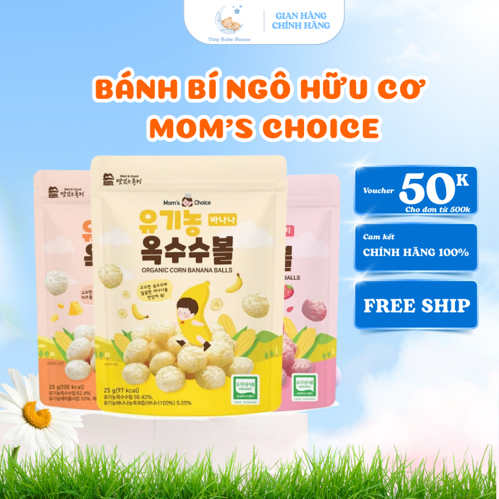 CHÍNH HÃNG NHẬP KHẨU - Bánh Bi Hữu Cơ Mom's Choice 25g Hàn Quốc, Bánh Bi Ăn Dặm Cho Bé Từ 6 Tháng, Bữa Phụ Dinh Dưỡng