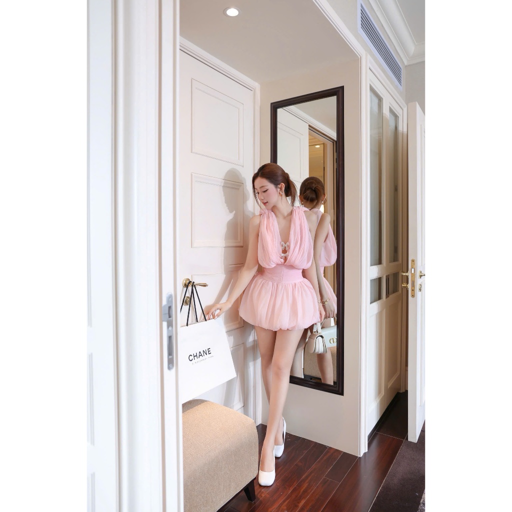 Váy Thiết Kế - Váy Tơ Cổ V Chân Váy Bí Bồng 3 Màu Kèm Tag Nơ