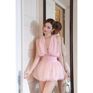 Váy Thiết Kế - Váy Tơ Cổ V Chân Váy Bí Bồng 3 Màu Kèm Tag Nơ