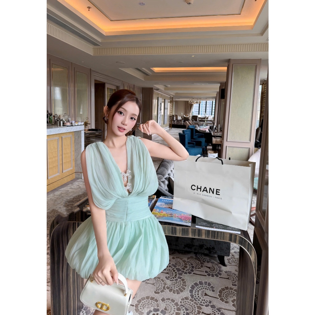 Váy Thiết Kế - Váy Tơ Cổ V Chân Váy Bí Bồng 3 Màu Kèm Tag Nơ