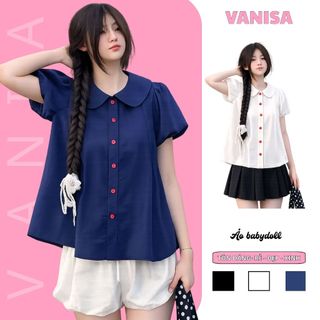 Áo babydoll nữ kiểu sơ mi tay bồng dáng rộng trắng xanh đen bánh bèo VANISA SM933