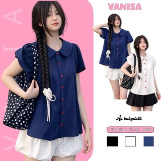 Áo sơ mi nữ dáng babydoll tay bồng cổ bèo sen màu xanh đậm trắng đen VANISA SM933