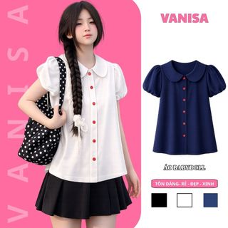Áo sơ mi nữ babydoll cổ bèo sen tay phồng form rộng đen xanh trắng phong cách Hàn Quốc VANISA SM933