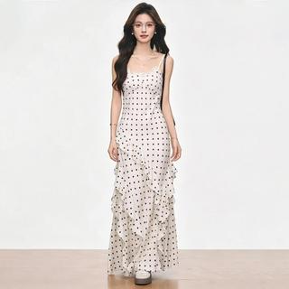 ZENARA Đầm Maxi chấm bi 2 dây nhún tầng | Dáng dài thanh lịch, chất mát, phối vest hay đi biển đều đẹp–Hottrend hè-9259