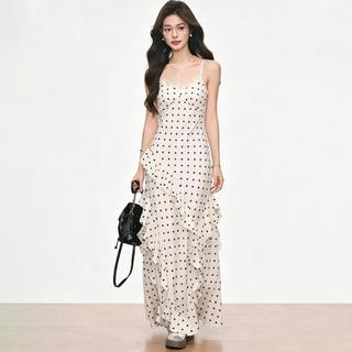 ZENARA Đầm Maxi chấm bi 2 dây nhún tầng | Dáng dài thanh lịch, chất mát, phối vest hay đi biển đều đẹp–Hottrend hè-9259