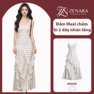 ZENARA Đầm Maxi chấm bi 2 dây nhún tầng | Dáng dài thanh lịch, chất mát, phối vest hay đi biển đều đẹp–Hottrend hè-9259