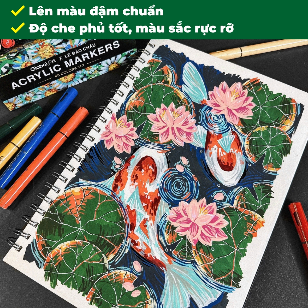 Bộ 48 Màu Acrylic Marker Global Art x Lê Bảo Châu Màu Tươi Sáng Vẽ Phong Cảnh Blend Màu Tốt Dễ Chồng Màu Hạn Chế Tắc Mực