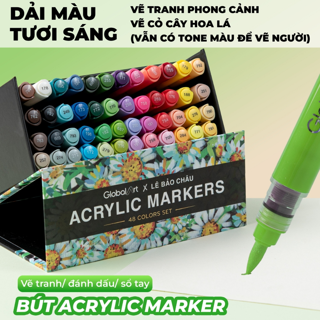 Bộ 48 Màu Acrylic Marker Global Art x Lê Bảo Châu Màu Tươi Sáng Vẽ Phong Cảnh Blend Màu Tốt Dễ Chồng Màu Hạn Chế Tắc Mực