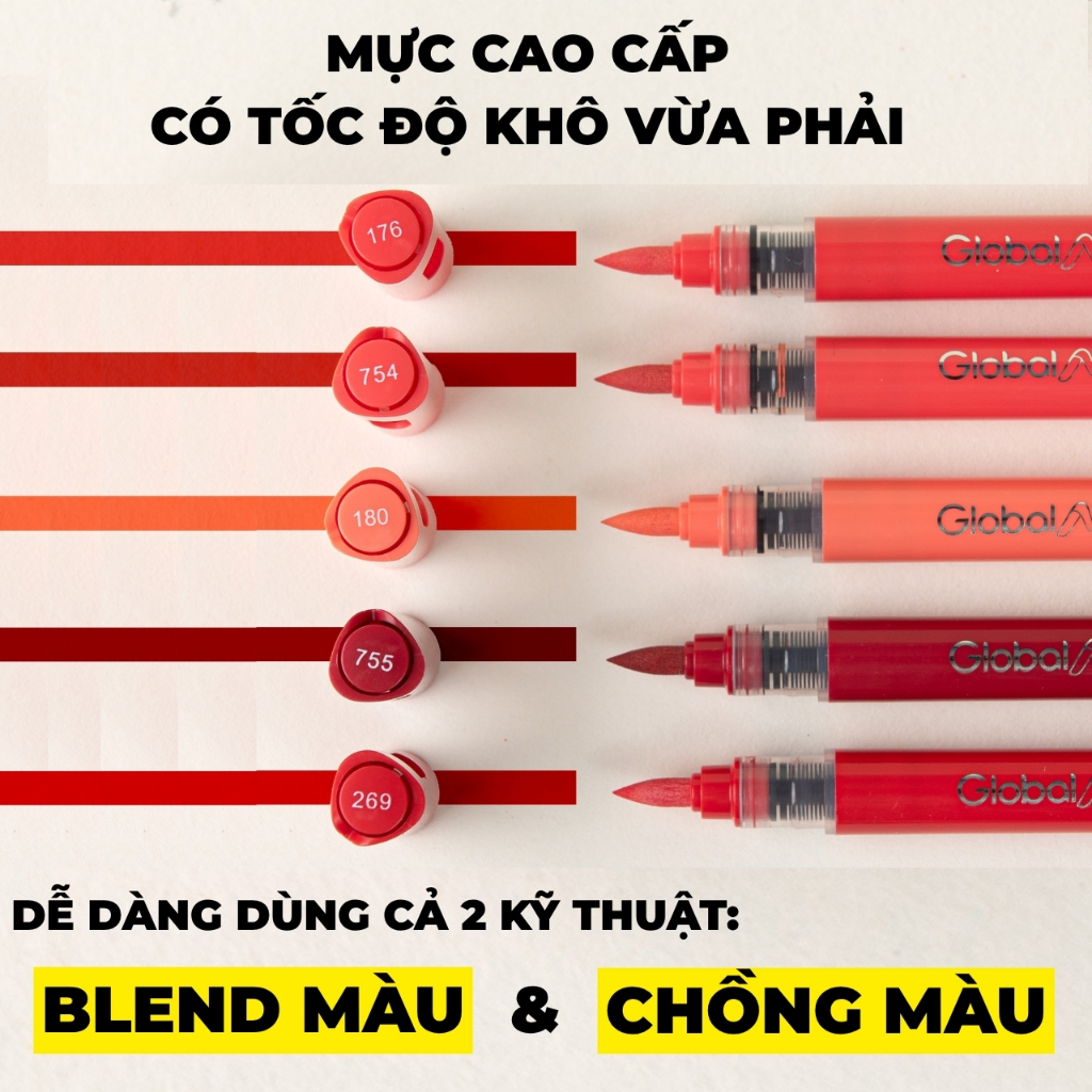 Bộ 48 Màu Acrylic Marker Global Art x Lê Bảo Châu Màu Tươi Sáng Vẽ Phong Cảnh Blend Màu Tốt Dễ Chồng Màu Hạn Chế Tắc Mực