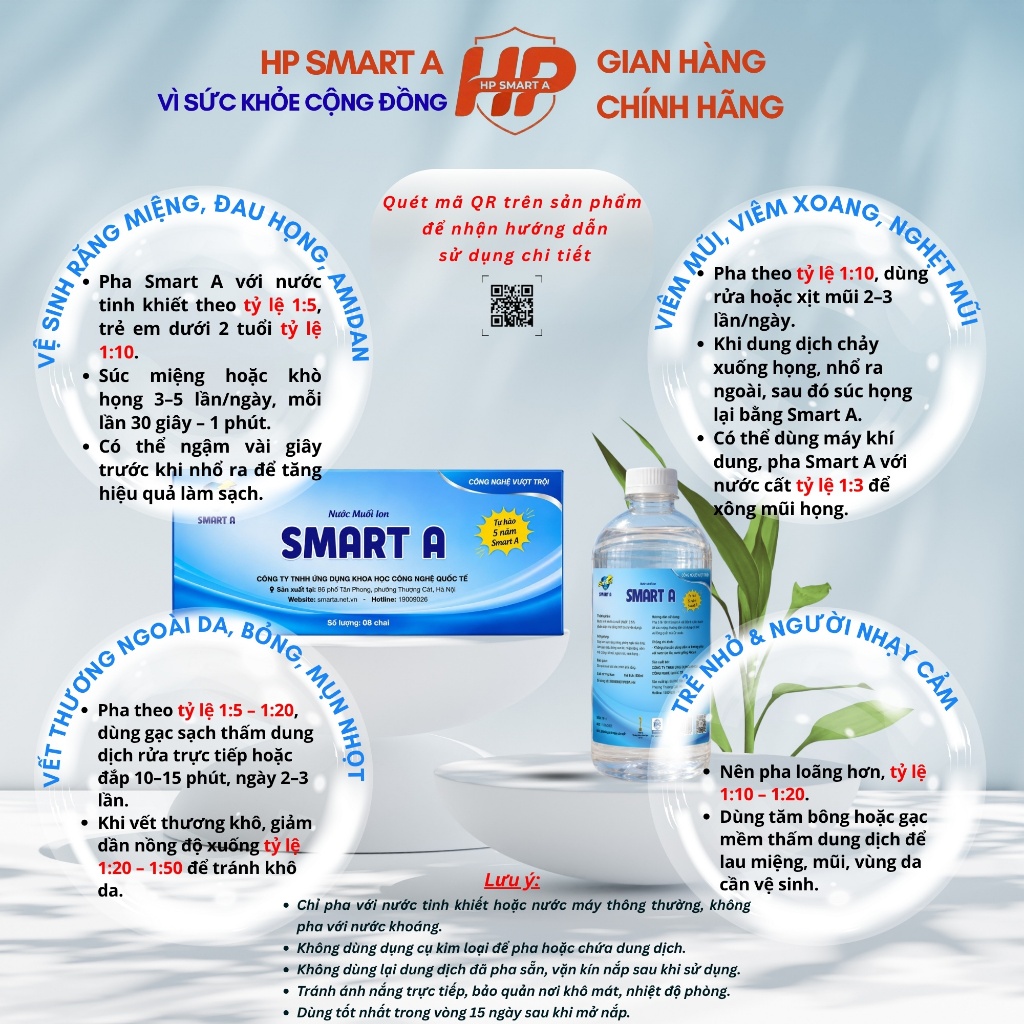 Combo 8 Chai Nước Muối ion SMART A 500ml -Nước Súc Miệng -Dung Dịch Sát Khuẩn Anolyte