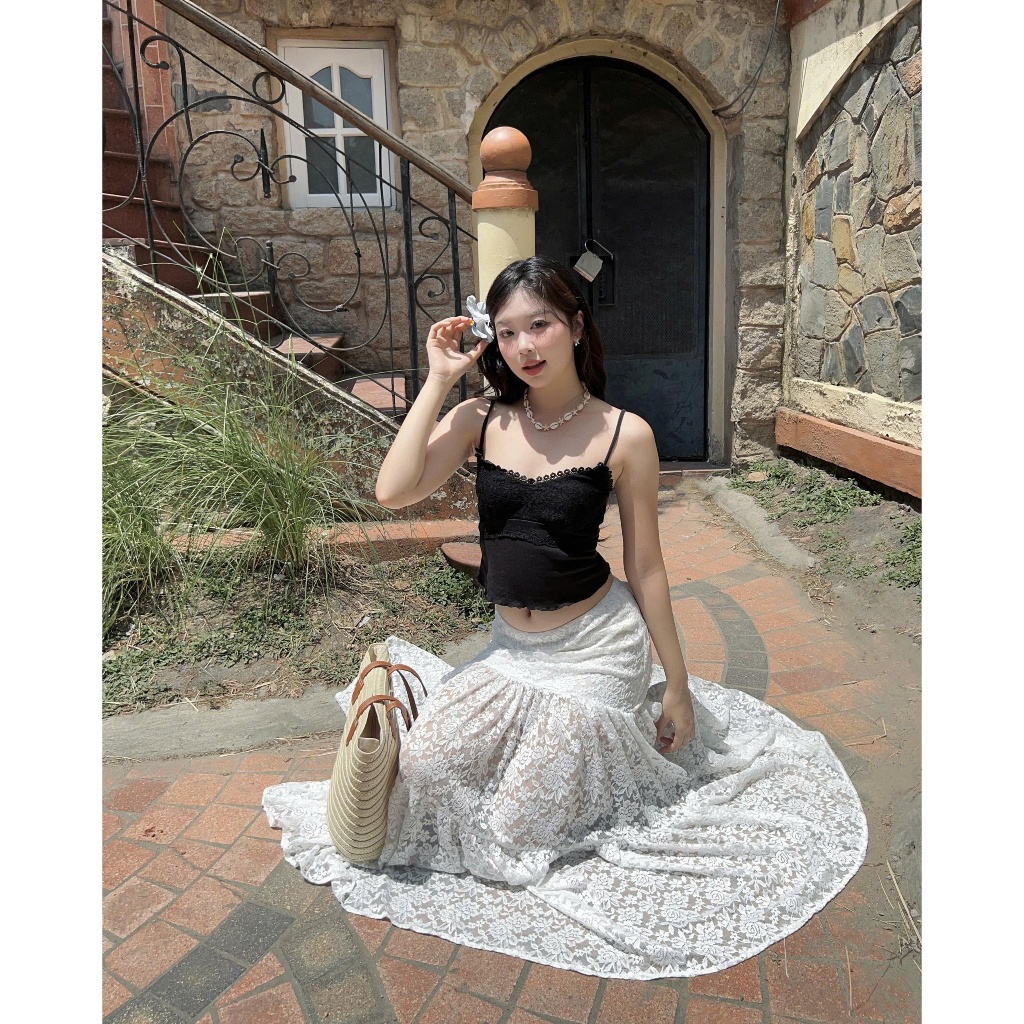 SECODEE Áo Hai Dây Nơ Ren Ôm ELEGANT TOP Áo Dây Viền Ren Chất Cotton Thoáng Mát GDR24091337