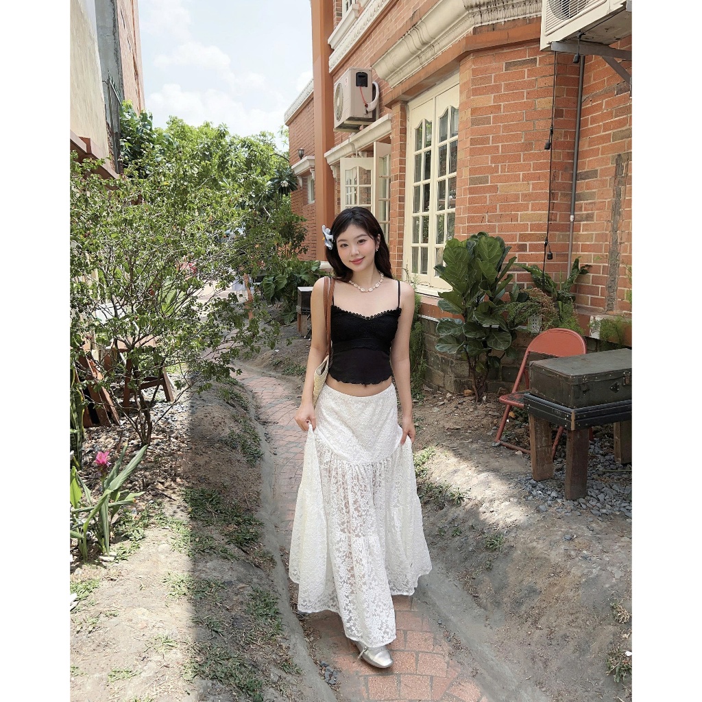 SECODEE Áo Hai Dây Nơ Ren Ôm ELEGANT TOP Áo Dây Viền Ren Chất Cotton Thoáng Mát GDR24091337