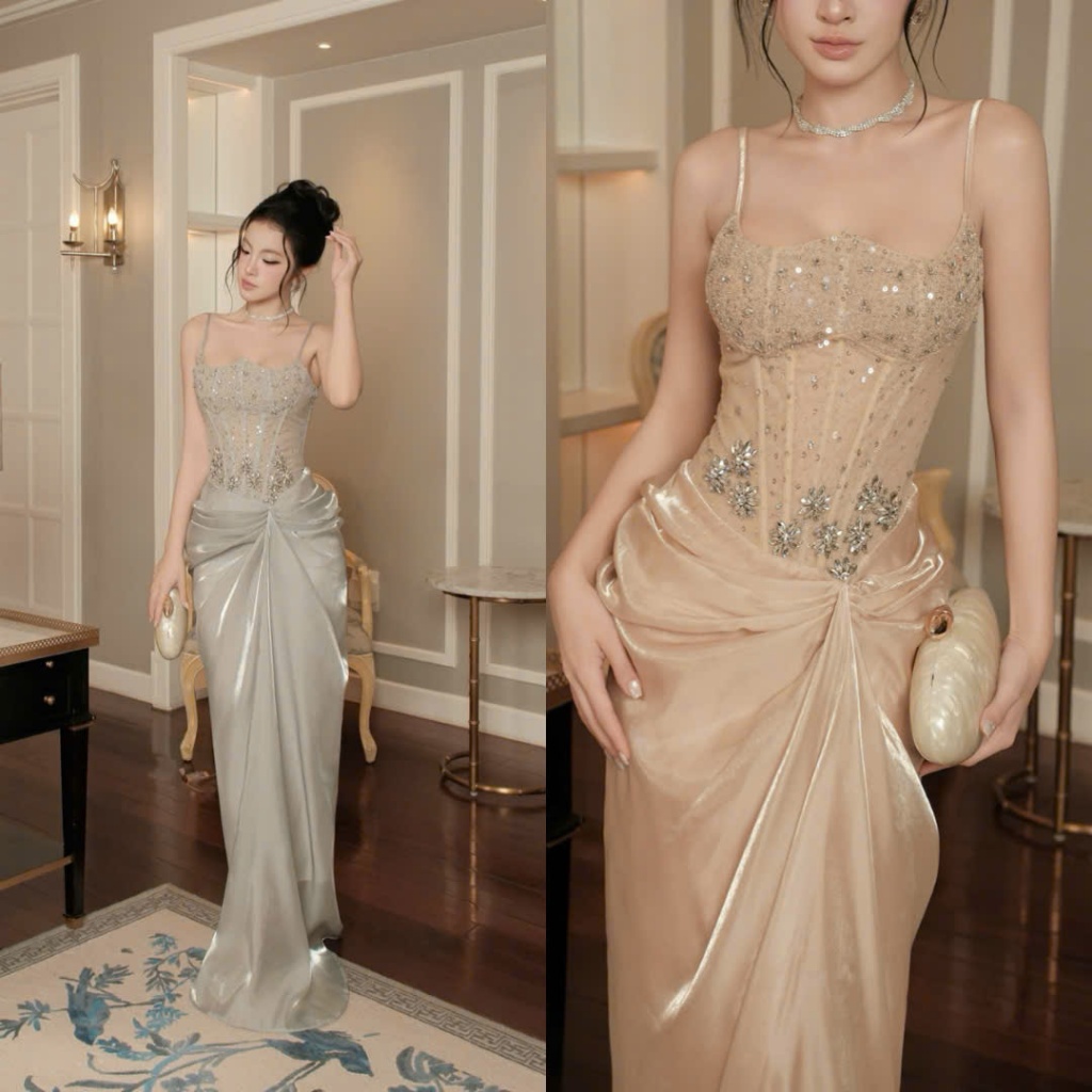 Đầm Dự Tiệc Hai Dây Đính Đá Phối Corset Xuyên Thấu Sang Chảnh Quyến Rũ