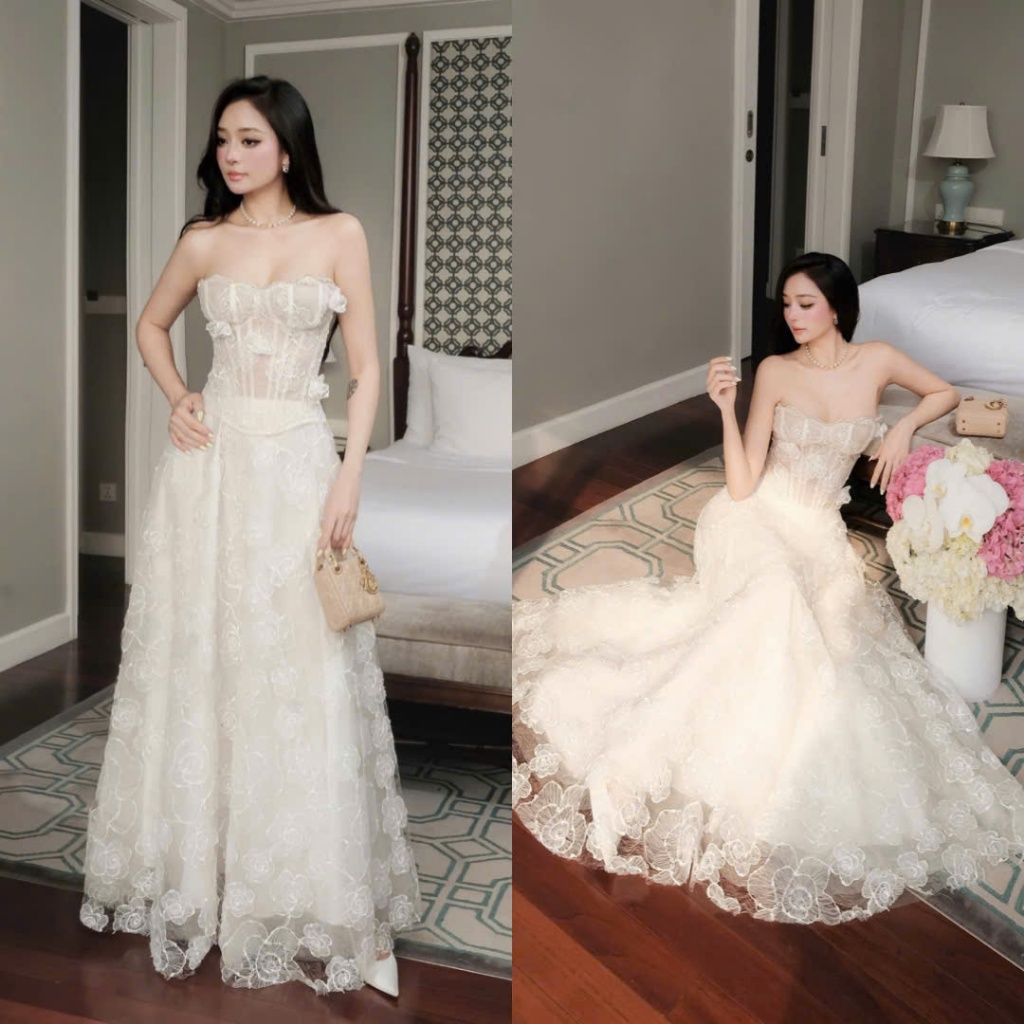 Set Cup Ren Phối Corset Viền Đá Hoa 3D Tôn Dáng Dự Tiệc