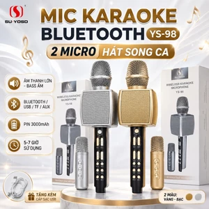 Micro Karaoke Bluetooth YS-98 Bộ 2 Mic Song Ca Không Dây, Loa Tích Hợp, Âm Thanh Lớn Bass Ấm, Hỗ Trợ USB TF AUX