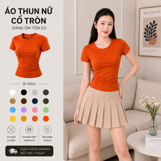 Áo Thun Nữ SUSU Cotton Cổ Tròn Co Giãn 4 Chiều, Form Ôm Body Thắt Eo Tôn Dáng, Áo Basic Tay Ngắn Cao Cấp