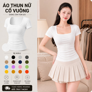 Áo Thun Nữ Cổ Vuông Ôm Body Thắt Eo SUSU | Cotton Co Giãn 4 Chiều | Tay Ngắn Tôn Dáng