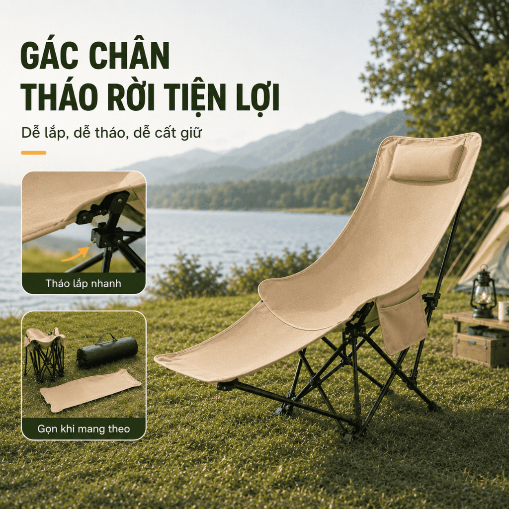 Ghế Mặt Trăng Tựa Cao Gấp Gọn Ngoài Trời, Ghế Xếp Cắm Trại Có Gác Chân Điều Chỉnh, Có Đệm/Không Đệm