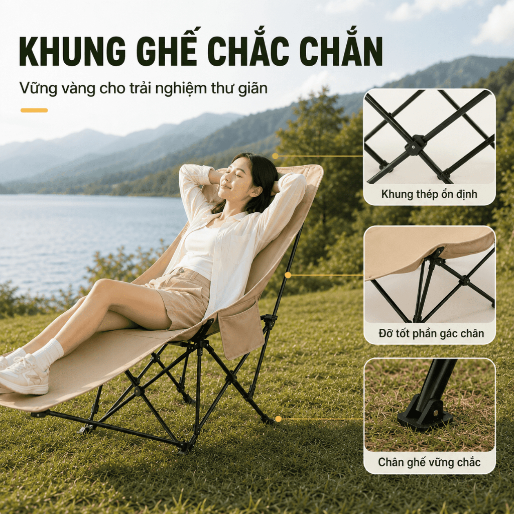 Ghế Mặt Trăng Tựa Cao Gấp Gọn Ngoài Trời, Ghế Xếp Cắm Trại Có Gác Chân Điều Chỉnh, Có Đệm/Không Đệm