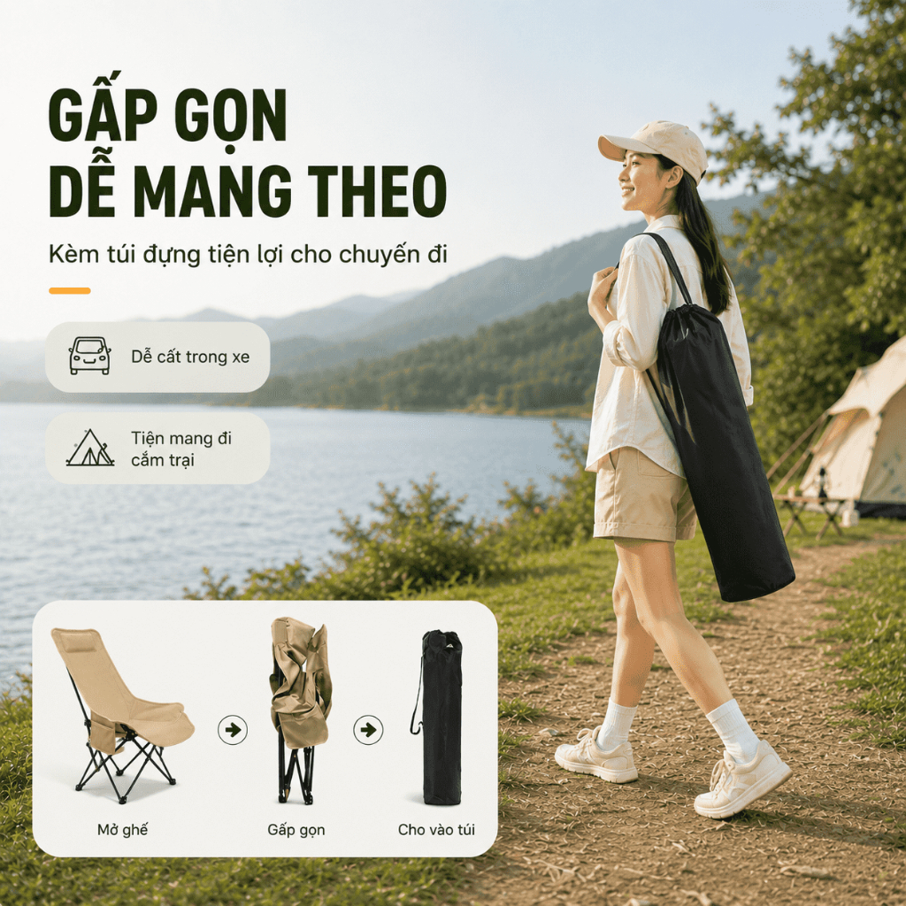 Ghế Mặt Trăng Tựa Cao Gấp Gọn Ngoài Trời, Ghế Xếp Cắm Trại Có Gác Chân Điều Chỉnh, Có Đệm/Không Đệm