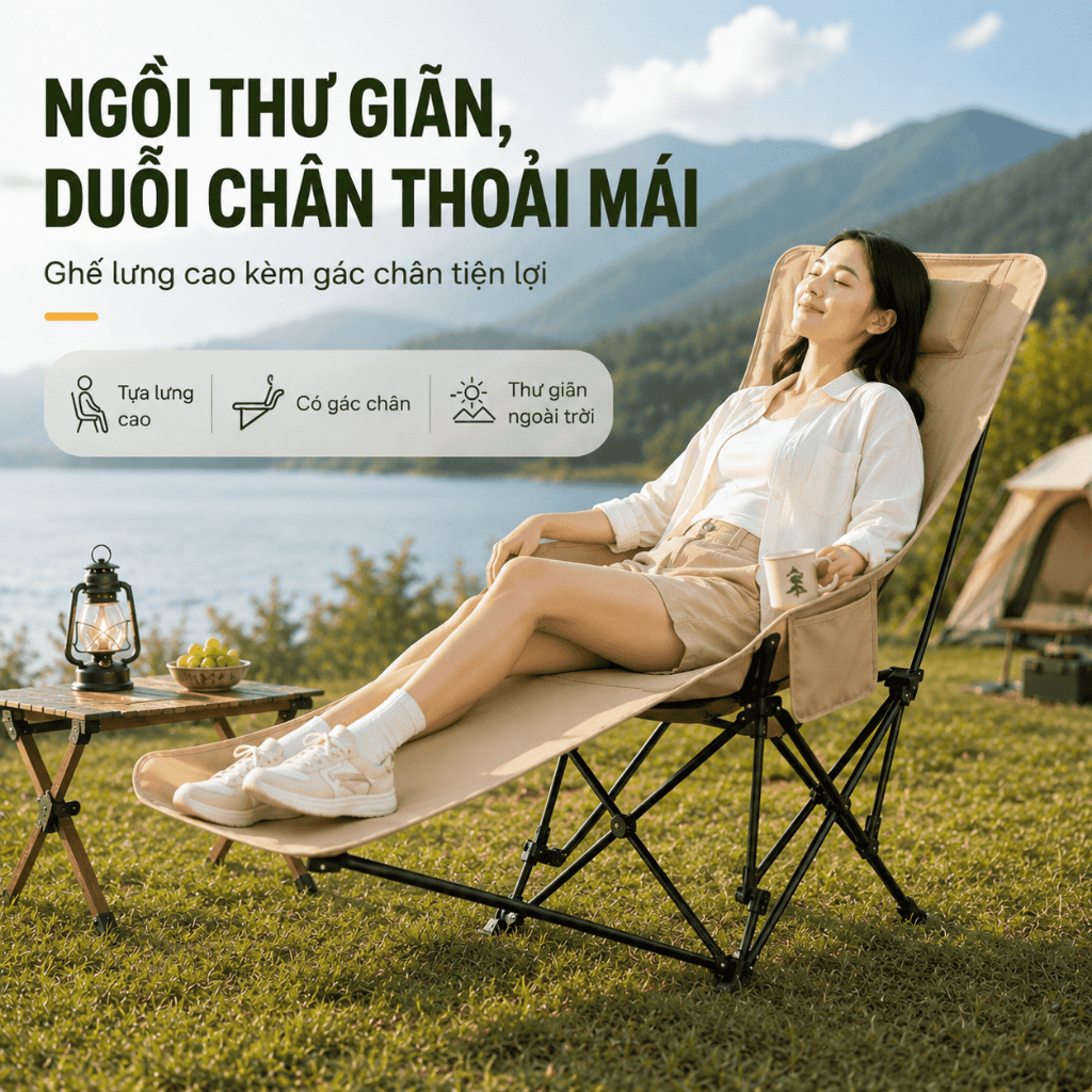 Ghế Mặt Trăng Tựa Cao Gấp Gọn Ngoài Trời, Ghế Xếp Cắm Trại Có Gác Chân Điều Chỉnh, Có Đệm/Không Đệm