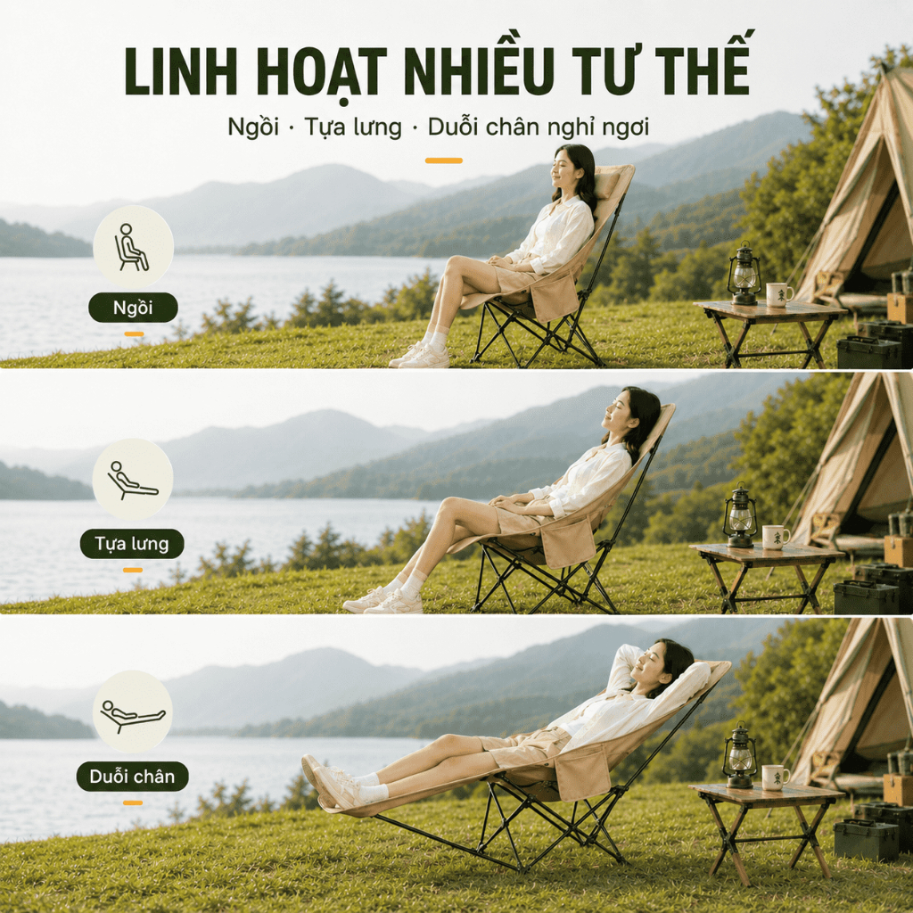Ghế Mặt Trăng Tựa Cao Gấp Gọn Ngoài Trời, Ghế Xếp Cắm Trại Có Gác Chân Điều Chỉnh, Có Đệm/Không Đệm