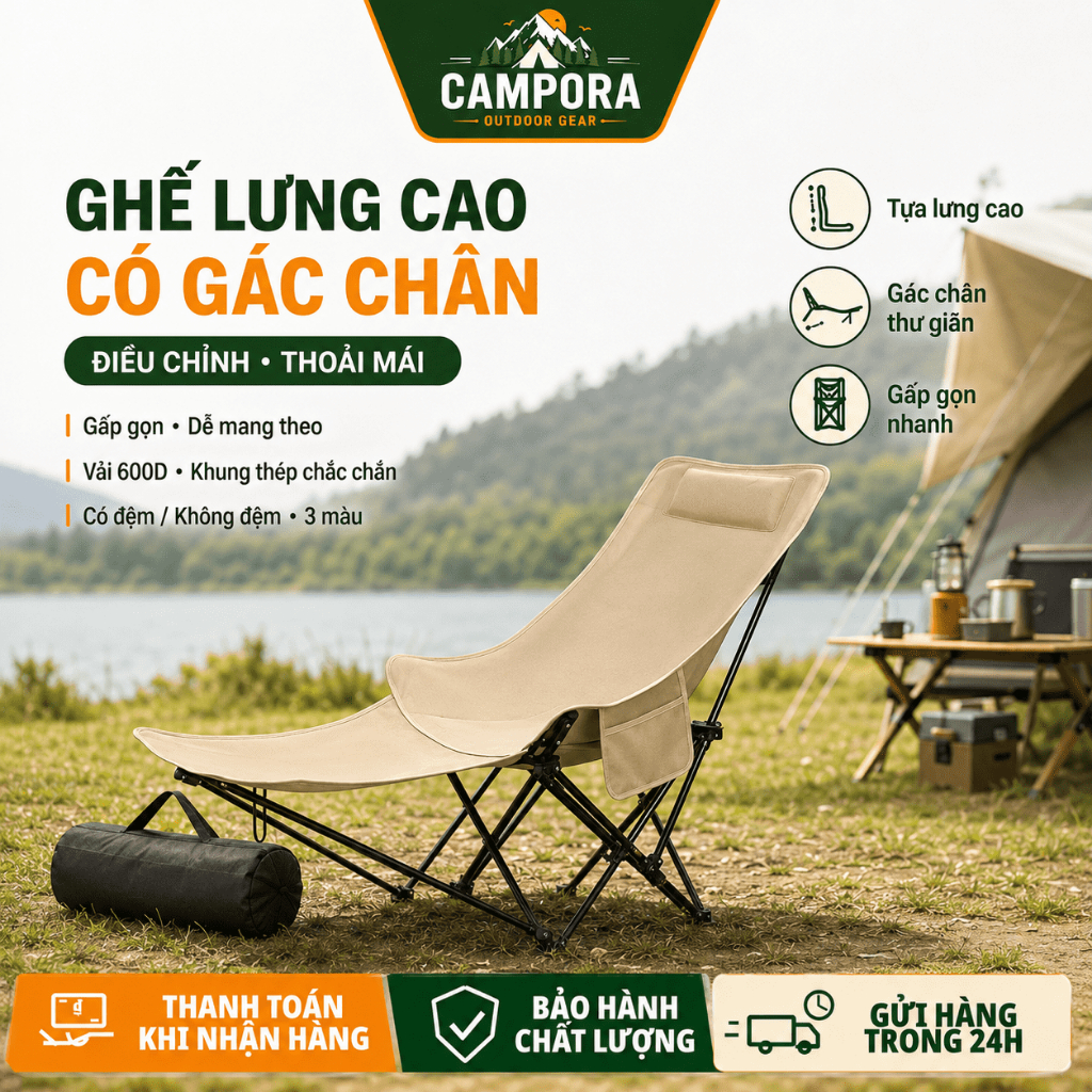Ghế Mặt Trăng Tựa Cao Gấp Gọn Ngoài Trời, Ghế Xếp Cắm Trại Có Gác Chân Điều Chỉnh, Có Đệm/Không Đệm