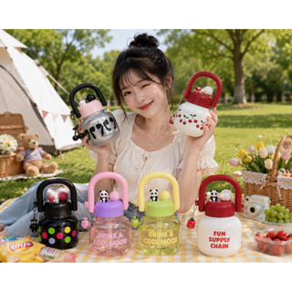 Bình Nước Mini 800ml - 1300ml Có Ống Hút Quai Xách Dễ Thương Họa Tiết Nơ Cherry Chấm Bi