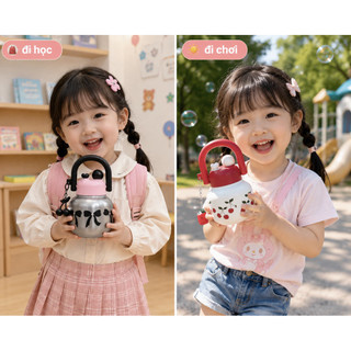 Bình Nước Mini 800ml - 1300ml Có Ống Hút Quai Xách Dễ Thương Họa Tiết Nơ Cherry Chấm Bi